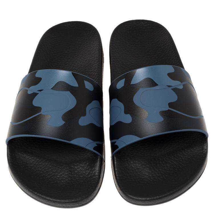 Valentino Bluette/Marine Rubber Camouflage Slides Size 42 