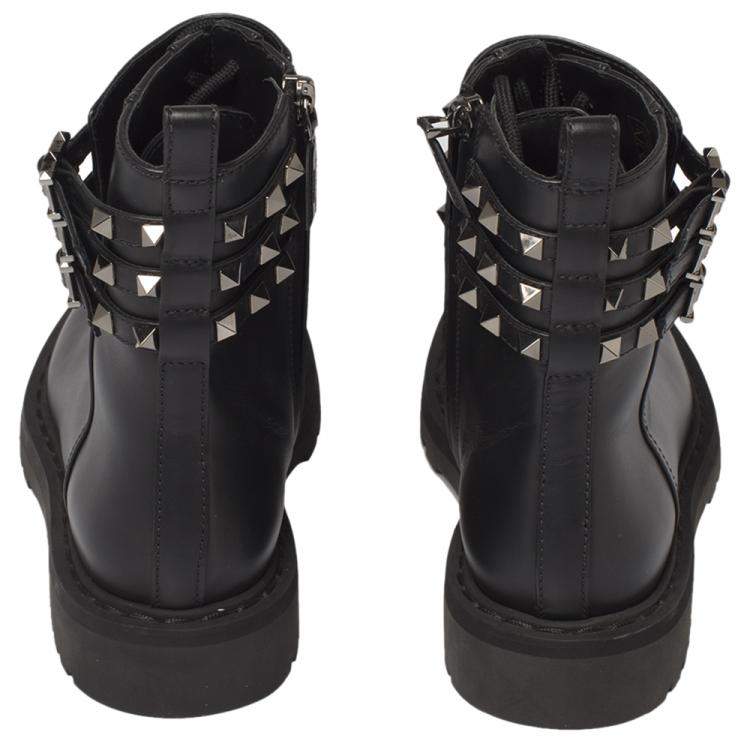 Pre Owned Valentino Black Leather Rockstud Combat Boots Size 39