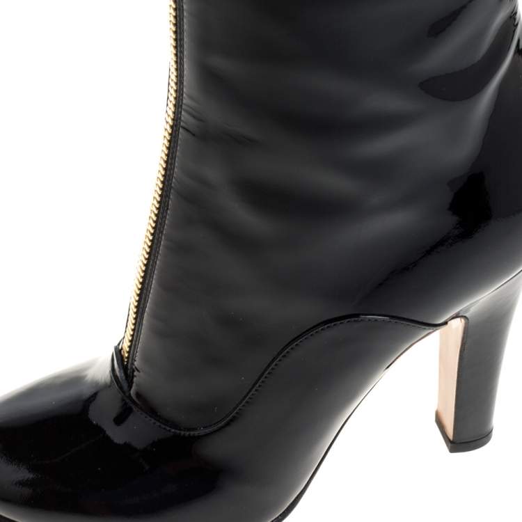 Pre Owned Valentino Black Patent Leather Zip Detail Mid Calf Boots Size 38