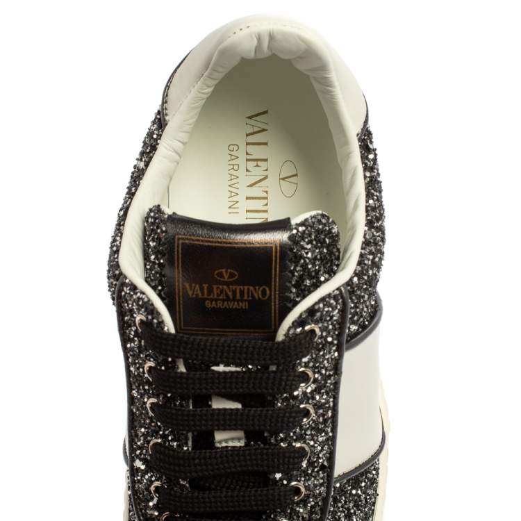 Pre Owned Valentino Black/White Glitter and Leather Fly Crew Low Top Sneakers Size 36