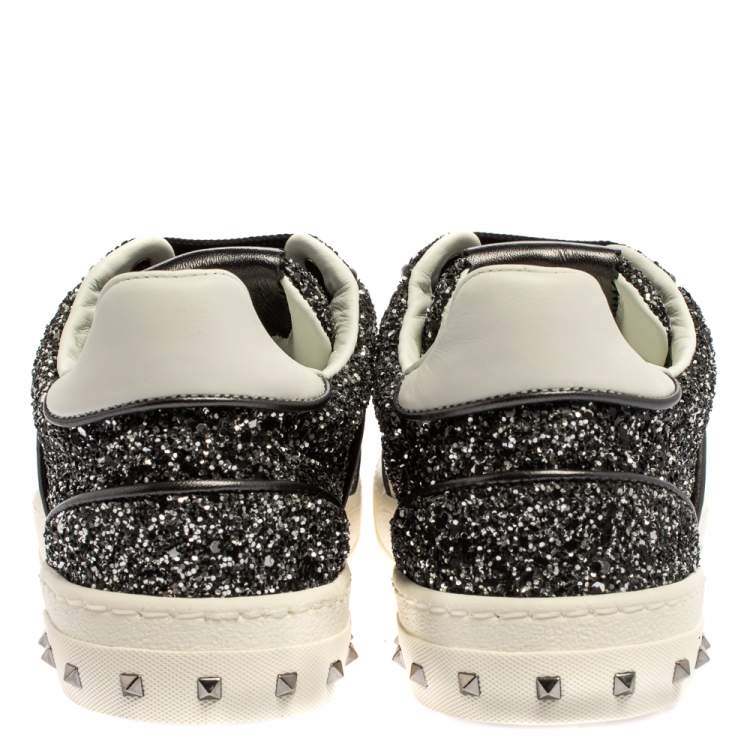 Pre Owned Valentino Black/White Glitter and Leather Fly Crew Low Top Sneakers Size 36