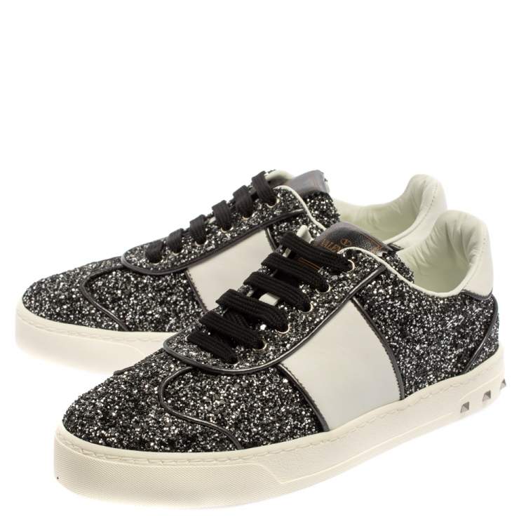 Pre Owned Valentino Black/White Glitter and Leather Fly Crew Low Top Sneakers Size 36