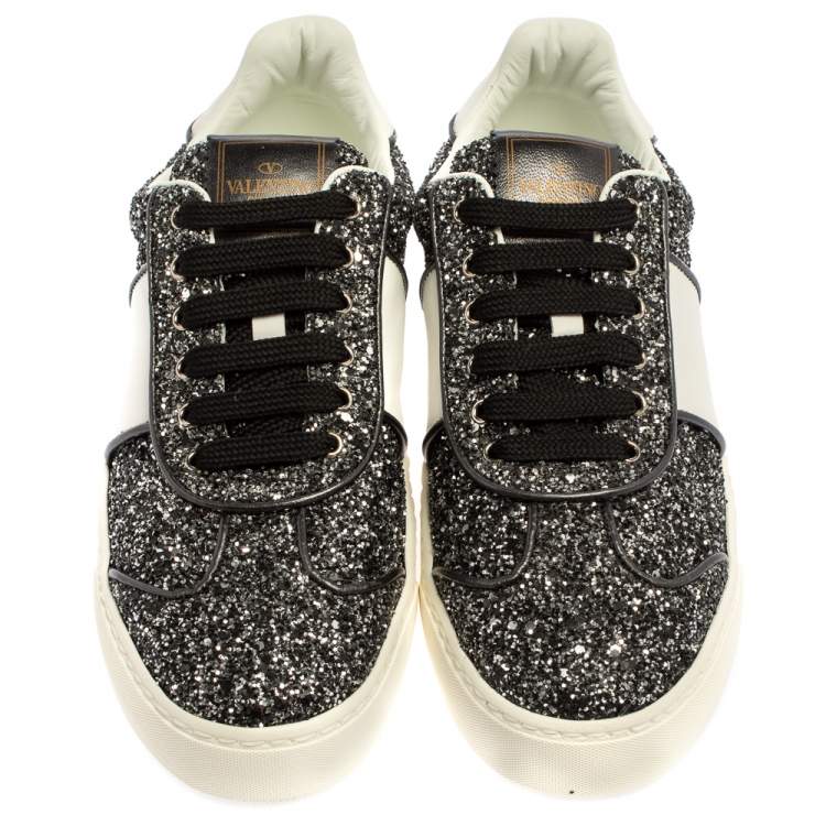 Pre Owned Valentino Black/White Glitter and Leather Fly Crew Low Top Sneakers Size 36