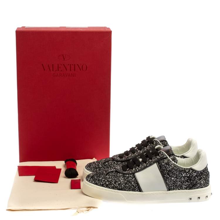 Pre Owned Valentino Black/White Glitter and Leather Fly Crew Low Top Sneakers Size 36