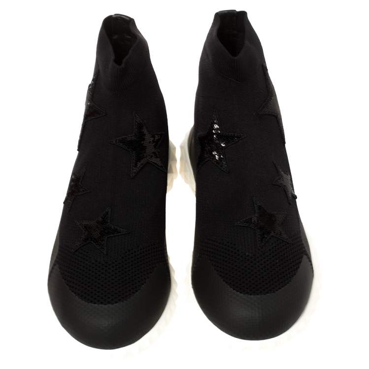 Pre Owned Valentino Black Stretch Knit and Sequins Star Embellished High Top Sneakers Size 38