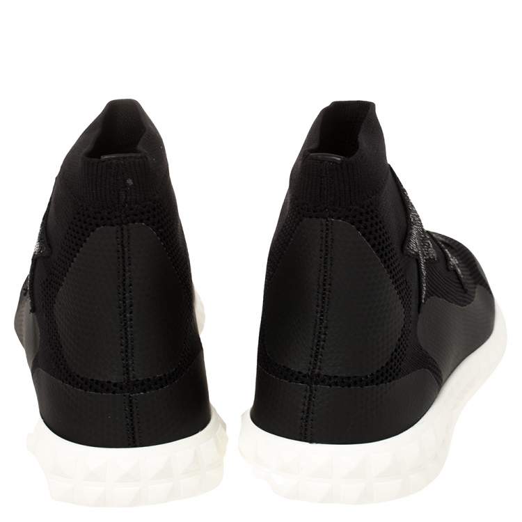 Pre Owned Valentino Black Stretch Knit and Sequins Star Embellished High Top Sneakers Size 38