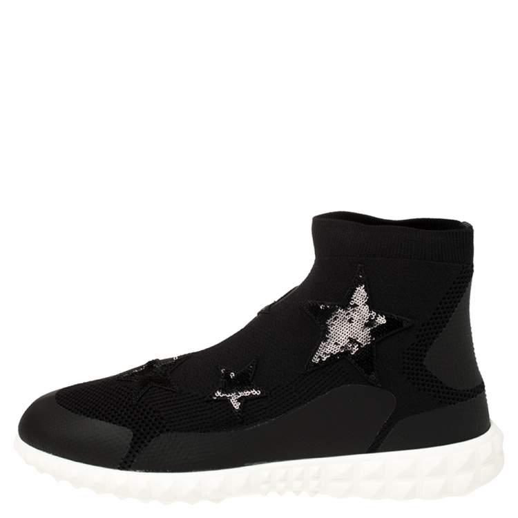 Pre Owned Valentino Black Stretch Knit and Sequins Star Embellished High Top Sneakers Size 38
