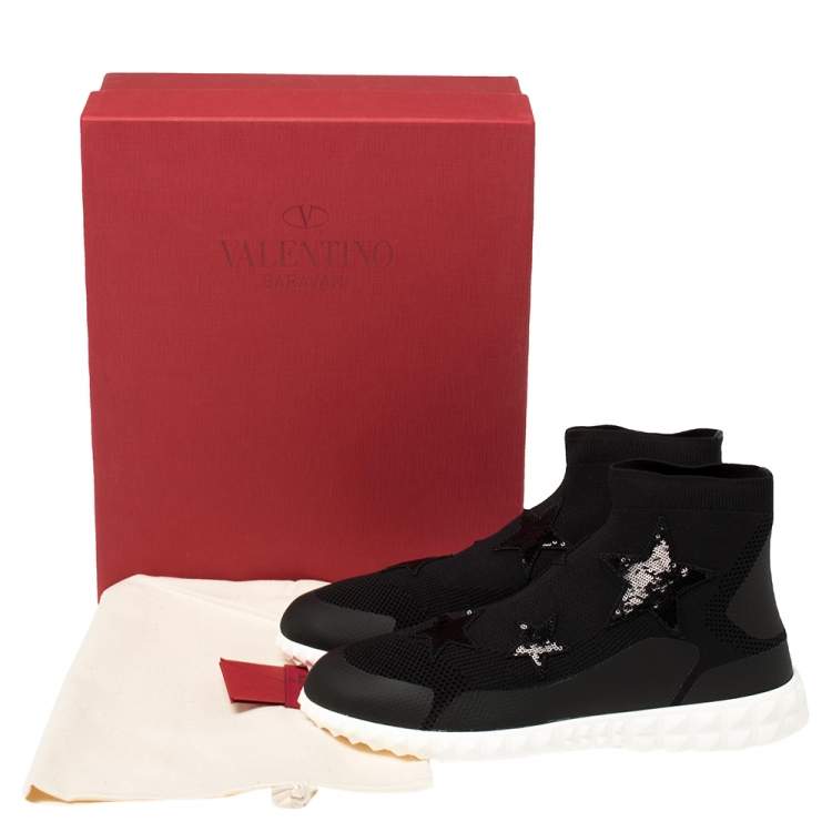 Pre Owned Valentino Black Stretch Knit and Sequins Star Embellished High Top Sneakers Size 38