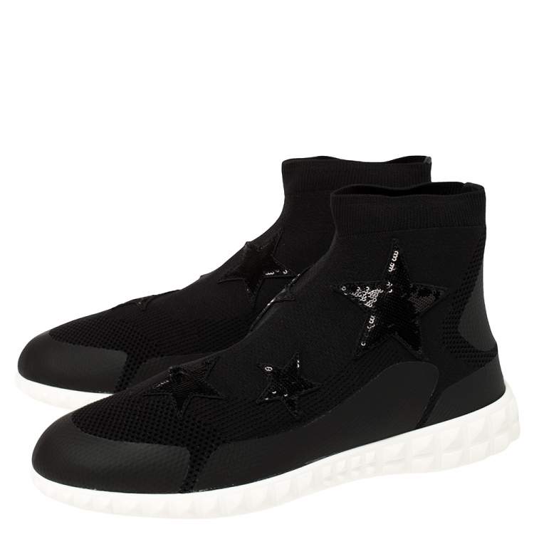 Pre Owned Valentino Black Stretch Knit and Sequins Star Embellished High Top Sneakers Size 38