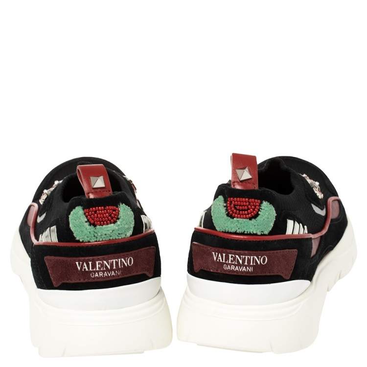 Pre Owned Valentino Multicolor Stretch Knit and Leather Embellished Sock Trainers Size 38