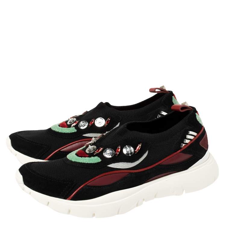 Pre Owned Valentino Multicolor Stretch Knit and Leather Embellished Sock Trainers Size 38