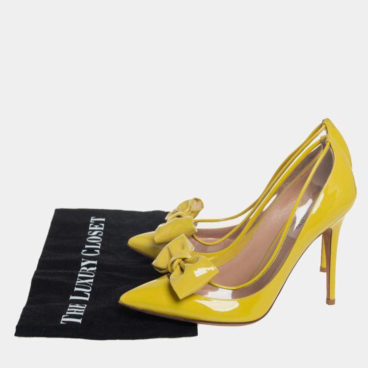 Pre Owned Valentino Yellow Patent Leather And PVC Bow Pointed Toe Pumps Size 39