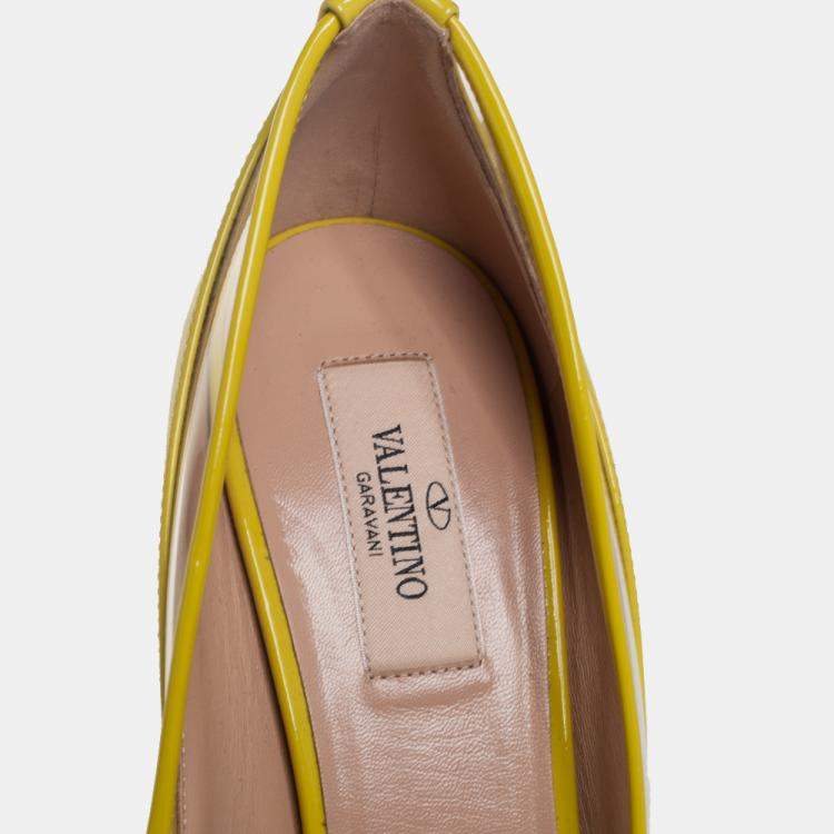 Pre Owned Valentino Yellow Patent Leather And PVC Bow Pointed Toe Pumps Size 39