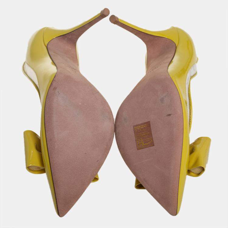 Pre Owned Valentino Yellow Patent Leather And PVC Bow Pointed Toe Pumps Size 39