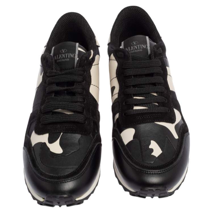 Pre Owned Valentino Black/White Camouflage Leather and Suede Rockstud Trainer Sneakers Size 37.5