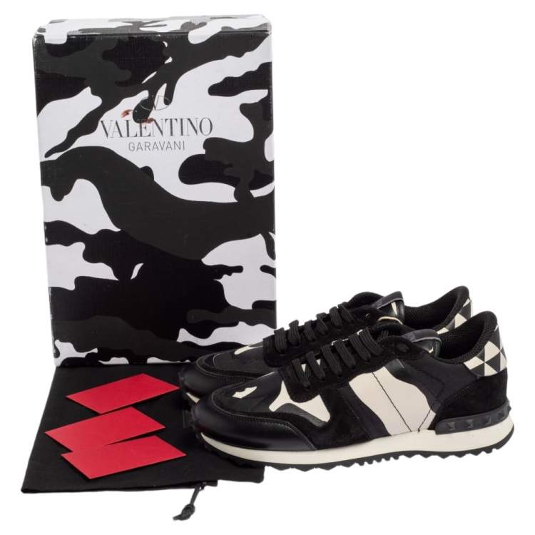 Pre Owned Valentino Black/White Camouflage Leather and Suede Rockstud Trainer Sneakers Size 37.5