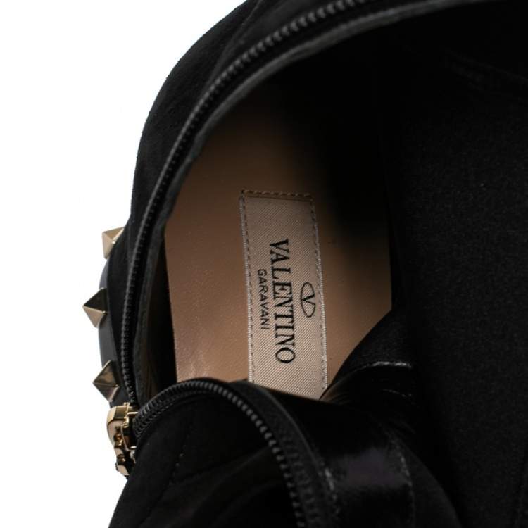 Pre Owned Valentino Black Suede Rockstud Trim Heel Ankle Boots Size 38