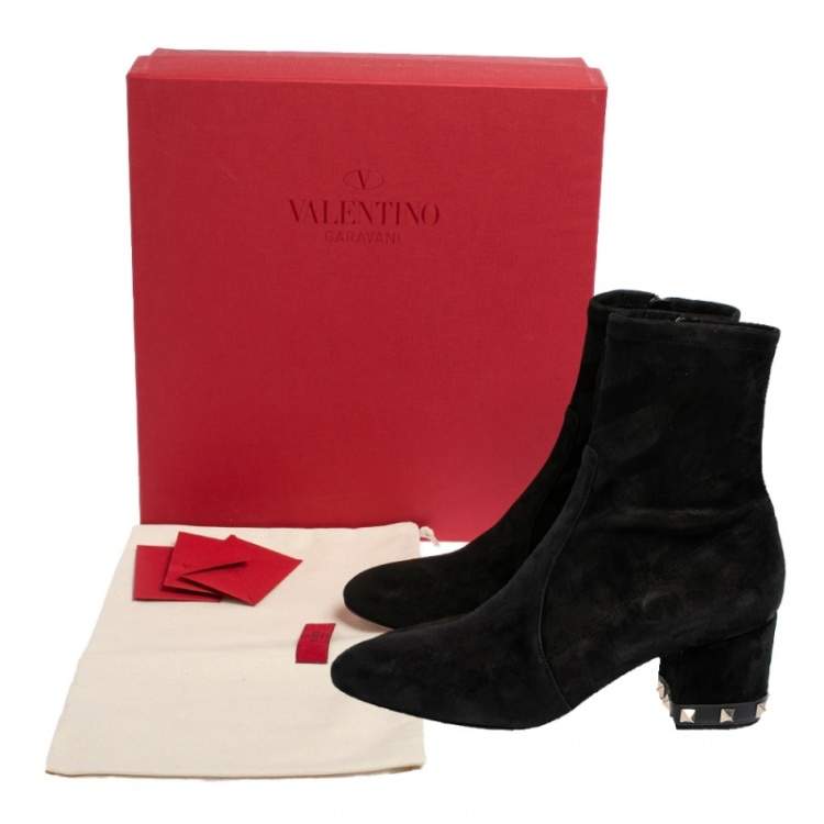 Pre Owned Valentino Black Suede Rockstud Trim Heel Ankle Boots Size 38