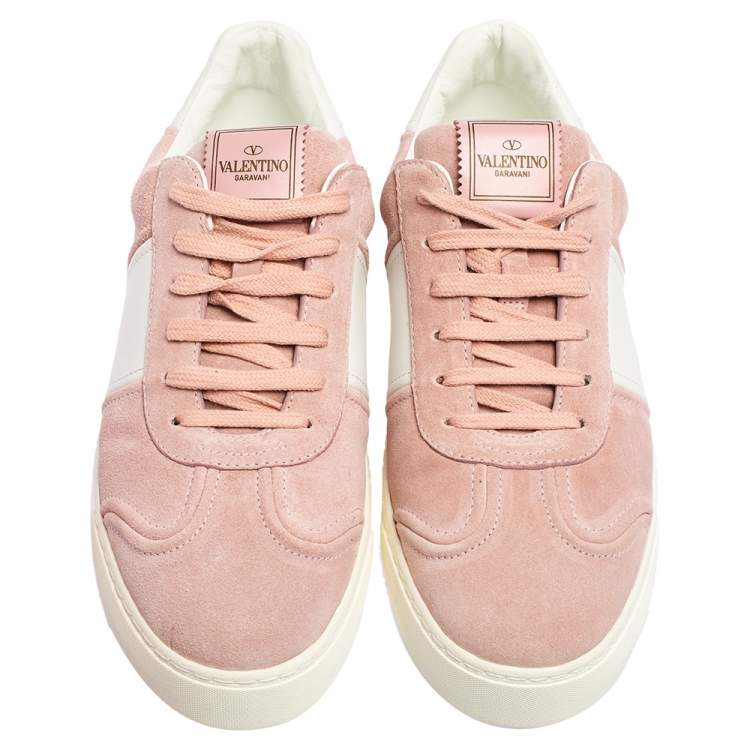 Pre Owned Valentino Light Pink/White Suede and Leather Fly Crew Low Top Sneakers Size 41