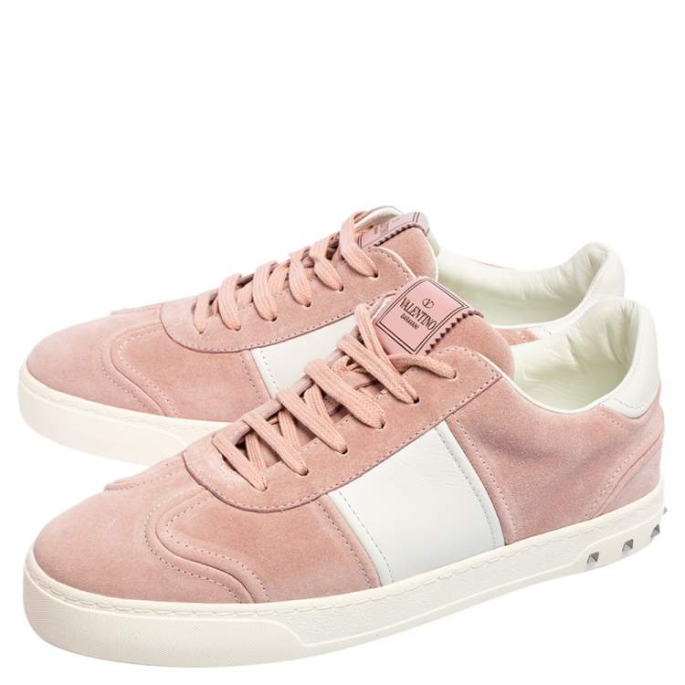 Pre Owned Valentino Light Pink/White Suede and Leather Fly Crew Low Top Sneakers Size 41