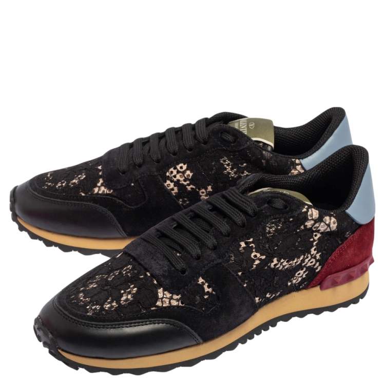 Pre Owned Valentino Black/Red Leather, Lace Rockrunner  Sneakers Size 40