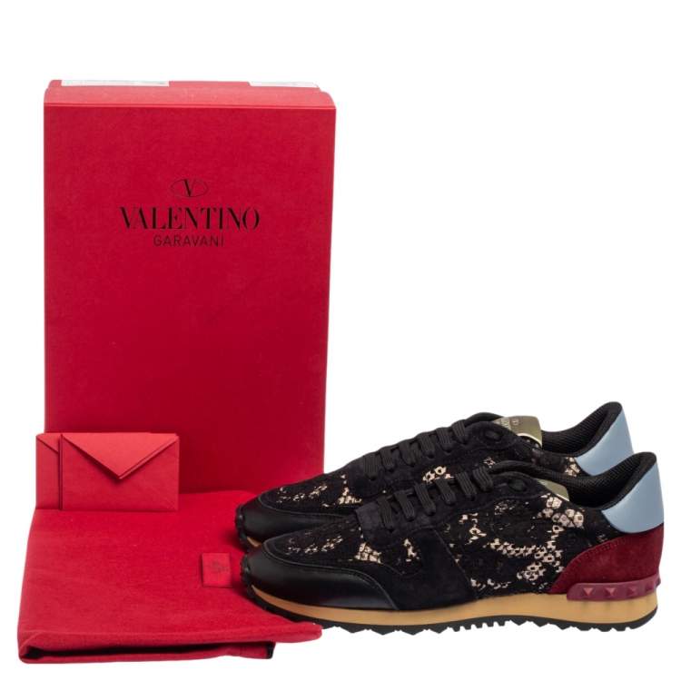 Pre Owned Valentino Black/Red Leather, Lace Rockrunner  Sneakers Size 40