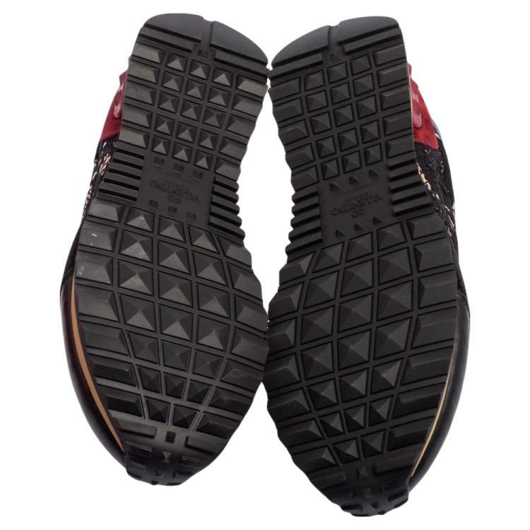 Pre Owned Valentino Black/Red Leather, Lace Rockrunner  Sneakers Size 40
