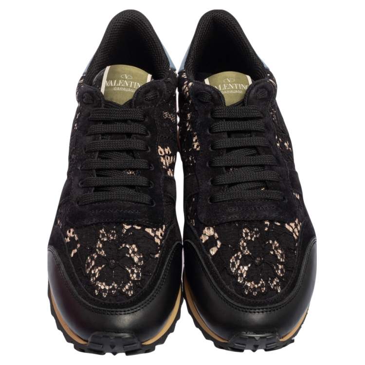 Pre Owned Valentino Black/Red Leather, Lace Rockrunner  Sneakers Size 40