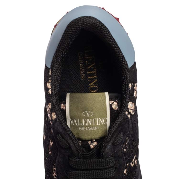 Pre Owned Valentino Black/Red Leather, Lace Rockrunner  Sneakers Size 40