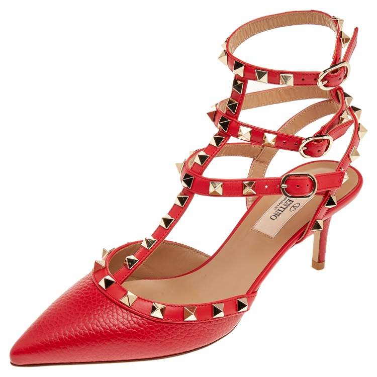 Valentino Red Leather Rockstud Strappy Sandals Size EU 38.5 Valentino ...