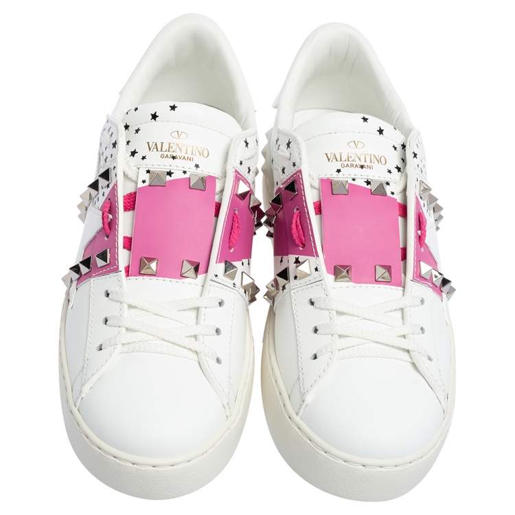 Pre Owned Valentino White/Pink Printed Leather Open Zebra Sneakers Size 38