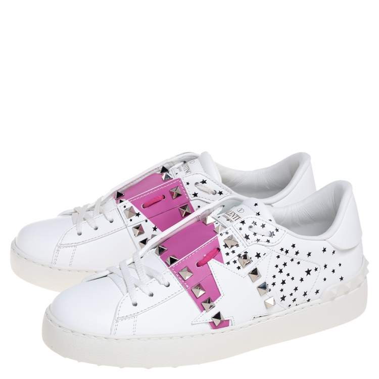 Pre Owned Valentino White/Pink Printed Leather Open Zebra Sneakers Size 37