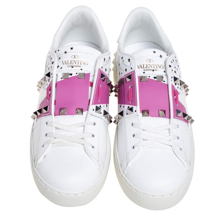 Pre Owned Valentino White/Pink Printed Leather Open Zebra Sneakers Size 37
