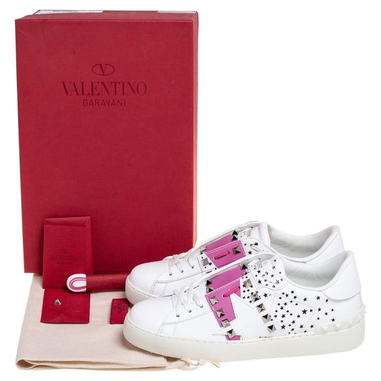 Pre Owned Valentino White/Pink Printed Leather Open Zebra Sneakers Size 37