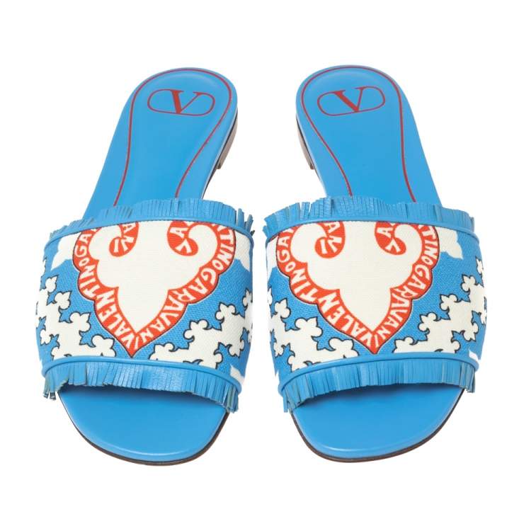Pre Owned Valentino Blue Canvas Flower Palm Leaf Flat Slides Size 39