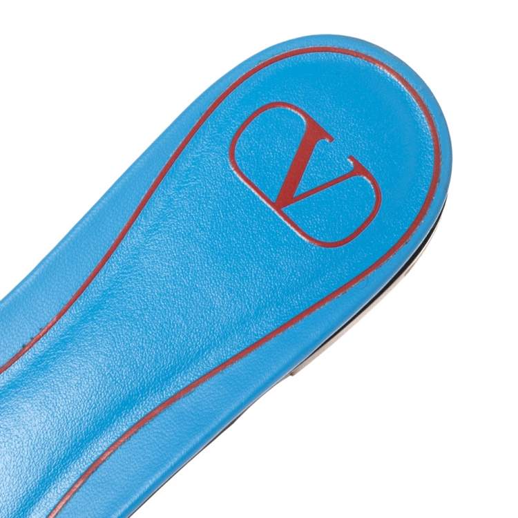 Pre Owned Valentino Blue Canvas Flower Palm Leaf Flat Slides Size 39