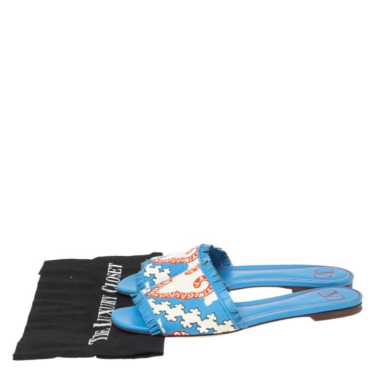 Pre Owned Valentino Blue Canvas Flower Palm Leaf Flat Slides Size 39