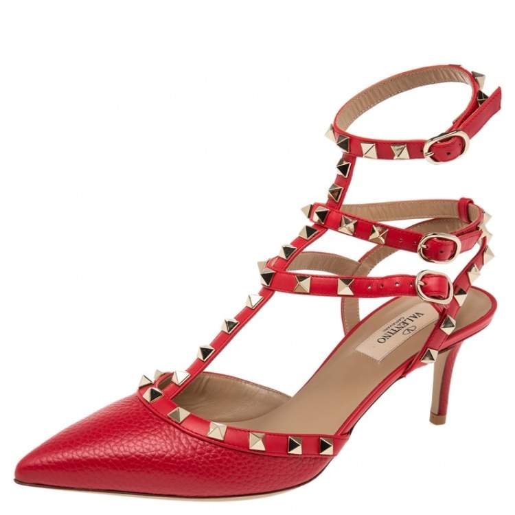 Valentino Red Leather Rockstud Strappy Sandals Size EU 38.5 Valentino TLC