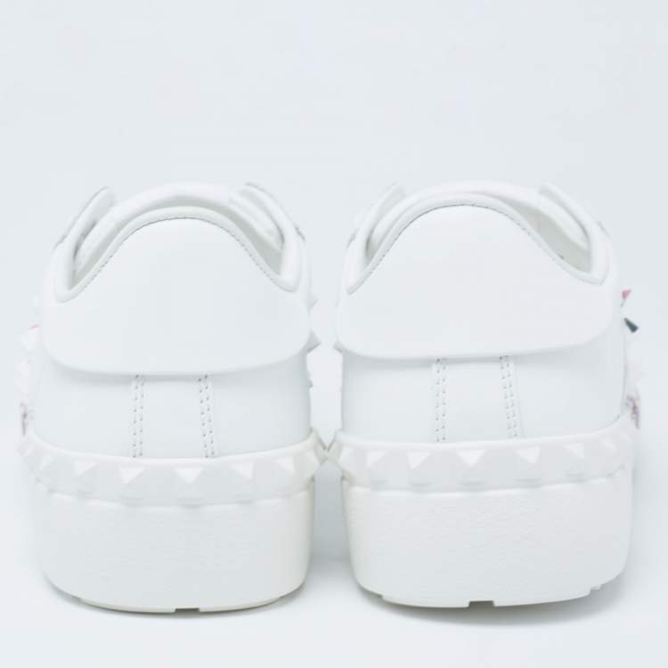 Pre Owned Valentino White Floral Print Leather Rockstud Low-Top Sneakers Size 36