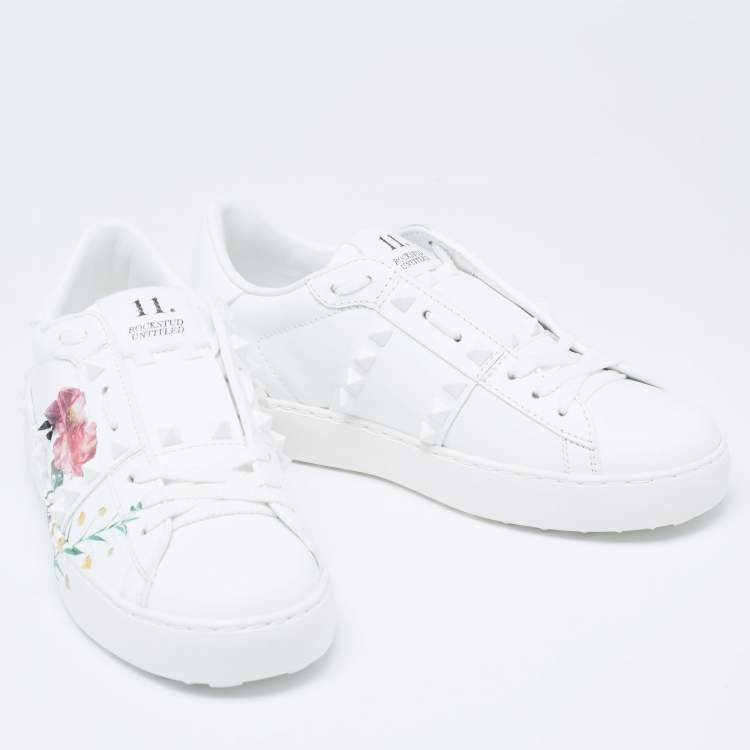 Pre Owned Valentino White Floral Print Leather Rockstud Low-Top Sneakers Size 36