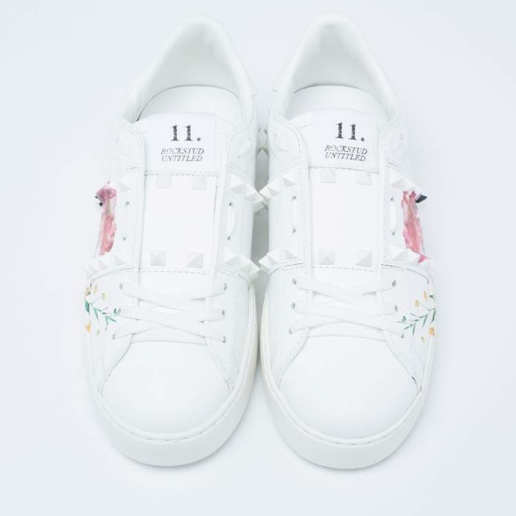 Pre Owned Valentino White Floral Print Leather Rockstud Low-Top Sneakers Size 36