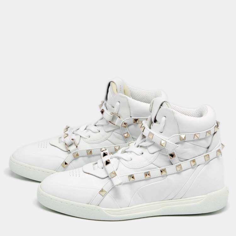 Pre Owned Valentino White Leather Rockstud High Top Sneakers  Size 38.5
