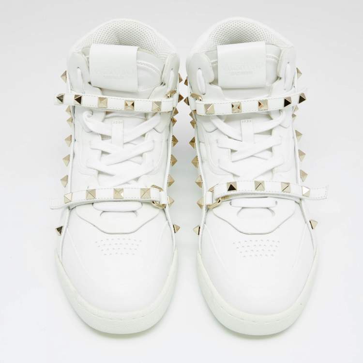 Pre Owned Valentino White Leather Rockstud High Top Sneakers  Size 38.5