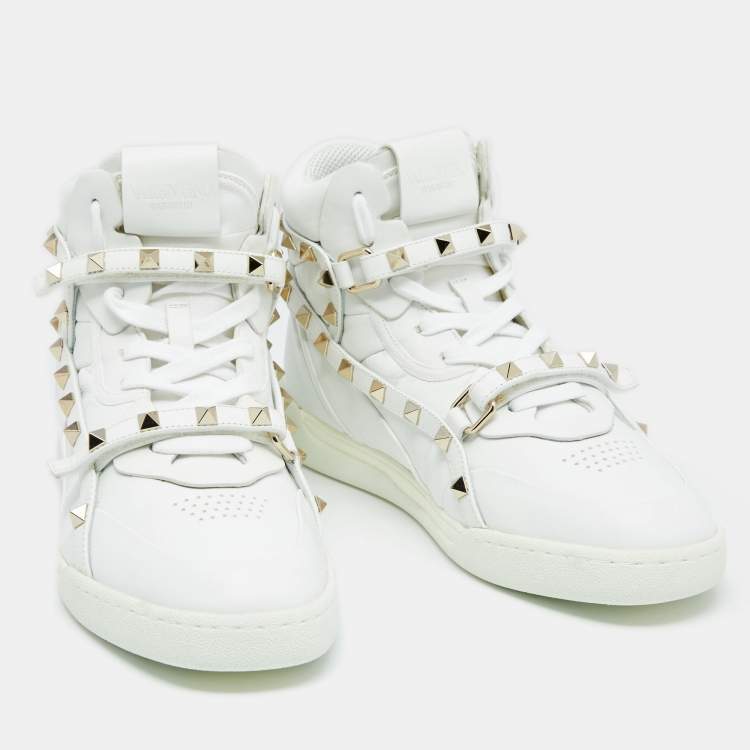 Pre Owned Valentino White Leather Rockstud High Top Sneakers  Size 38.5