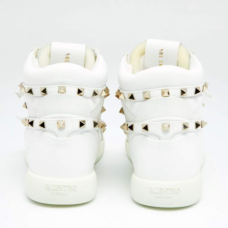 Pre Owned Valentino White Leather Rockstud High Top Sneakers  Size 38.5