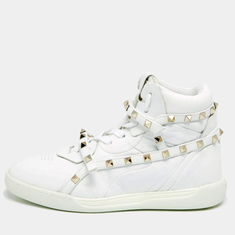Pre Owned Valentino White Leather Rockstud High Top Sneakers  Size 38.5