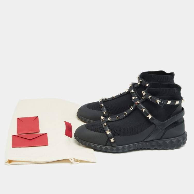 Pre Owned Valentino Black Knit and Leather Rockstud Bodytech Sneakers Size 40