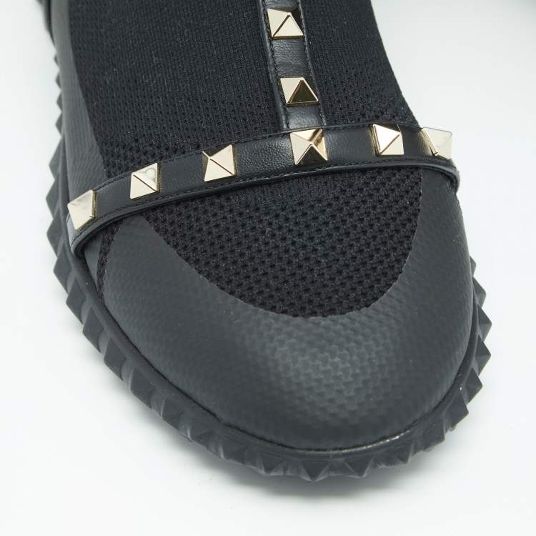 Pre Owned Valentino Black Knit and Leather Rockstud Bodytech Sneakers Size 40