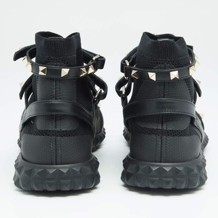 Pre Owned Valentino Black Knit and Leather Rockstud Bodytech Sneakers Size 40