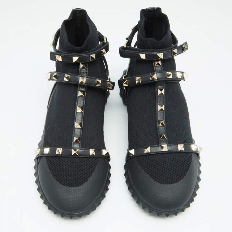 Pre Owned Valentino Black Knit and Leather Rockstud Bodytech Sneakers Size 40